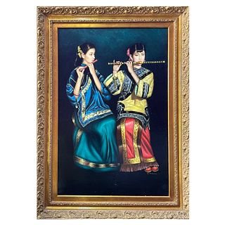 Two Asian Girls Playing Flutes Oil Paint Print.