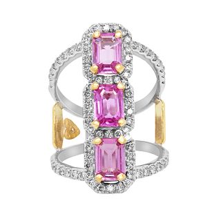 Pink Sapphire 18K Gold Diamond Three Stone Ring