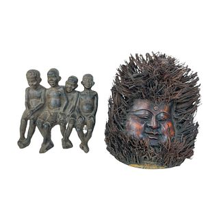 (2) Two African Bronze Group and Mask Sculpture