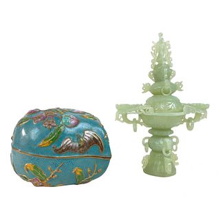 Cloisonne Covered Box And Jade Pagoda