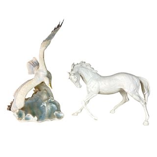 Horse And Bird Porcelain Sculptures