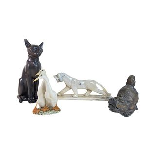 (4) Lot Bronze, Hard Stone And Lladro Cat