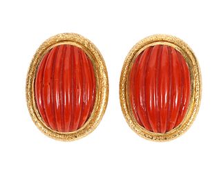 Pr. 18K YG & Carved Red Coral Clip Earrings