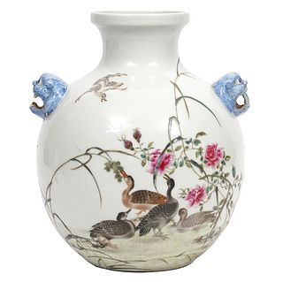 Chinese Bulbous Vase with Foo Dog Handles