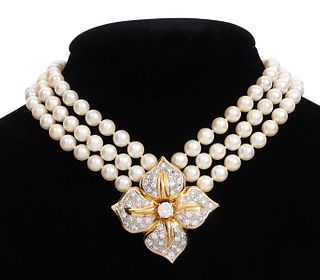 Triple Strand Pearl, Diamond & 14K YG Necklace
