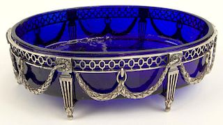 Antique Footed Dutch Silver and Cobalt Glass Open Potpourri/Small Center Bowl.