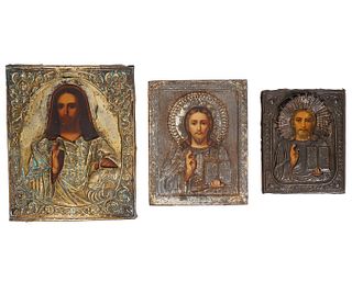 3 Russian Icons with Silver Tone Repousse Oklads