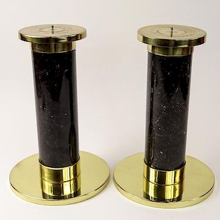 Pair of Mid-Century Black Marble and Brass Candlesticks,
