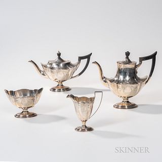 Gorham Four-piece Sterling Silver Tea Service, Providence, Rhode Island, 1904, Federal Revival style, angular ebony handles and urn fin