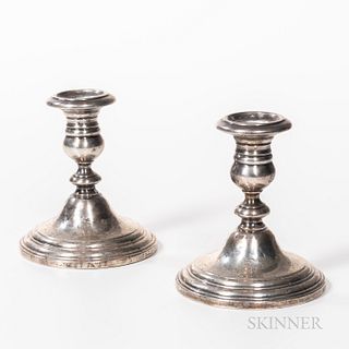 Pair of Gorham Sterling Silver Candlesticks, Providence, Rhode Island, 20th century, monogrammed "T," weighted, ht. 5 in. Provenance: T