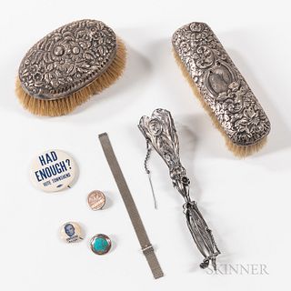 Eight Mostly Sterling Silver Personal Items, two sterling silver floral repoussÃ© brushes, one Gorham, monogrammed, the other Dominic &