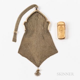 Two Gold Items, 14kt gold mesh coin purse with loop handle and bottom tassel, overall lg. 13, 62.0 dwt; French 18kt gold matchsafe, mak