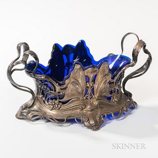 Art Nouveau Cobalt Glass and Silver-plated Center Bowl, early 20th century, reticulated silver-plate stand with butterfly motif on each