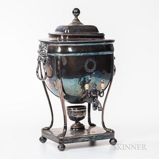 English Silver-plated Hot Water Kettle, oval body, lion mask pendant handles, raised on four paw cabriole legs atop a rectangular base