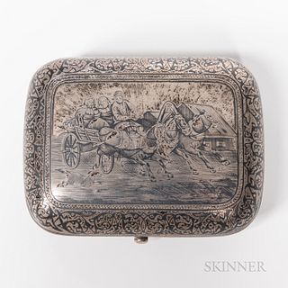 Russian Niello and .875 Silver Cigar Box, Moscow, 1878, maker's mark in Cyrillic for Ivan Khelbnikov, assay master Ivan Yefimovich Kons