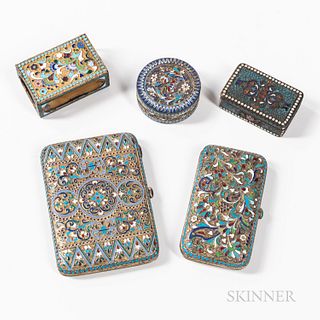 Five Russian Enamel and .875 Silver-gilt Boxes, Moscow, late 19th to early 20th century, including a round box with lid bearing Cyrilli