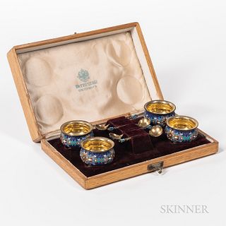 Russian Enamel and .875 Silver-gilt Cased Open Salt Set, Moscow, 1893, maker's mark in Cyrillic "CK," possibly Stepan Levin, assay mast