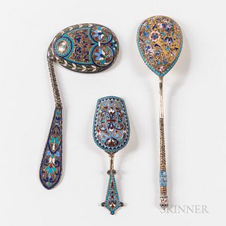 Three Russian Enamel Silver Spoons, Moscow, late 19th to early 20th century, including a .875 silver-gilt dessert spoon, c. 1882-99, lg