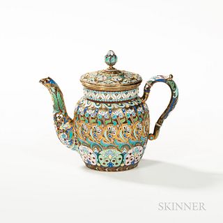 Russian Enamel and .875 Silver-gilt Teapot, Moscow, late 19th century, bearing Cyrillic maker's mark for Mikhail Ovchinnikov and the fi