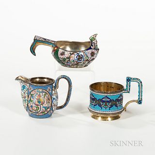 Three Russian Enamel and .875 Silver Vessels, Moscow, late 19th to early 20th century, including a kvosh bearing the second kokoshnik m