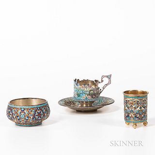 Three Russian Enamel and Silver Vessels, Moscow and St. Petersburg, late 19th to early 20th century, including a .916 silver-gilt Faber