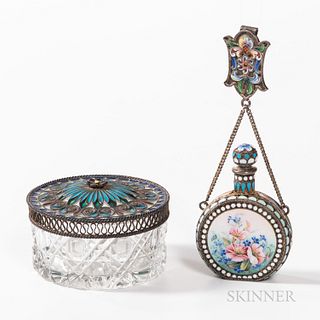 Russian .875 Silver and Enamel Perfume and Plique-Ã -Jour Box, Russia, early 20th century, perfume with floral motif on bottle and a han