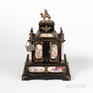 Viennese Enameled Jewelry Box, Austria, tiered cabinet with gilt-metal figures and numerous enameled panels and columns to each side, t