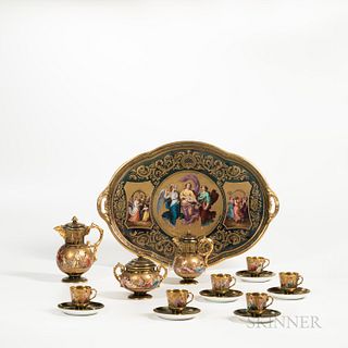 Royal Vienna Porcelain Service with Tray, Austria, 19th century, enamel decorated and gilded to a cobalt ground, consisting of a covere