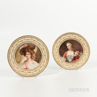 Two KPM Berlin Porcelain Portrait Plates, Germany, late 19th century, each polychrome enameled and with raised gold borders, one signed