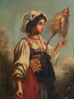 School of Anton Romako (Austrian, 1832-1889), Peasant Girl Holding a Distaff, Unsigned., Condition: Fine craquelure, canvas rippling, s