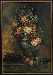 Attributed to Ronald Wing (American, 1929-2015), Dutch-style Still Life with Flowers and Fruit, Signed "WING" l.r., Condition:  Faint s