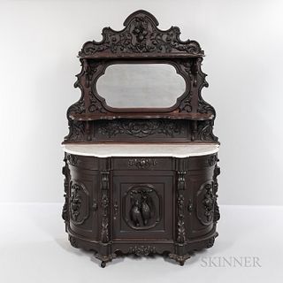 Victorian Marble-top Carved Walnut Sideboard, 19th century, carved with game and fruit, mirrored back, white marble with grey striation