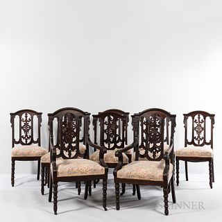 Suite of Ten Victorian Walnut Dining Chairs, 19th century, reticulated splat and floral upholstery, turned wood front legs terminating