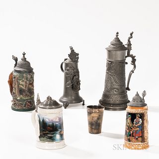 Five Steins and a Horn Beaker, the beaker with silver rim and inlaid medallion with crest, ht. 4 1/4; the steins each with a hinged pew