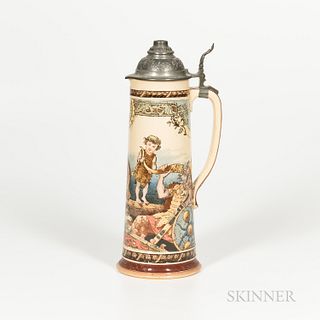 Large Mettlach PUG Stein, Germany, 2.25 liter with hinged pewter lid, polychrome printed decoration of Vikings drinking, #2261, impress