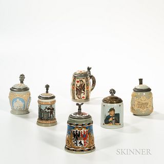 Group of Six Mettlach Steins, Germany, including etched, PUG, and relief examples, including #1725, 1256, 1370, 2024,1644, and 2093, im