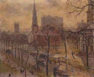 Frederick Lester Sexton (American, 1889-1975), The Three Churches on the New Haven Green, Signed faintly "F SEXTON" l.r., Condition: Va