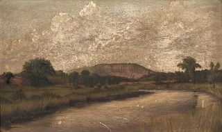 American School, 19th Century, A Connecticut Landscape: Towering Clouds Above a Quiet River and Distant Cliff, Unsigned., Condition: Sp