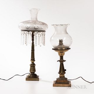 Two Argand Lamps with Glass Shades, 19th century, brass with stepped alabaster base, ht. with shade 21 1/4; and a bronze lamp with pris