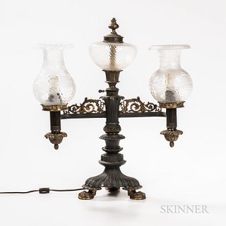 Victorian Gilded and Patinated Bronze Two-light Fluid Lamp, New York, 19th century, mismatched glass shades, ht. 20 1/2 in. Provenance: