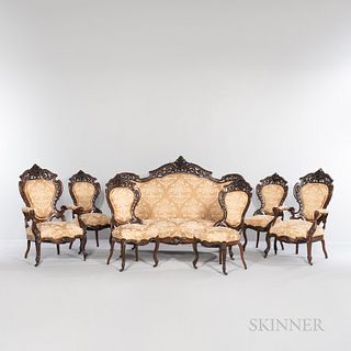 Seven-piece Suite of J. & J.W. Meeks Stanton Hall Pattern Rosewood Seating, New York, c. 1860, featuring an arched floral carved crest,