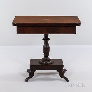 Regency-style Card Table, England, c. 1900, folded top with round corners featuring an inlaid wood border and central medallion, turned
