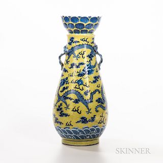 Blue and White Yellow-ground "Dragon" Vase, China, late 19th/early 20th century, elongated waterdrop-form, surmounted with a lotus-insp
