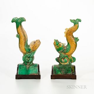 Pair of Sancai-glazed Pottery Roof Tiles, China, Ming-style, in the shape of a dragon fish with the tail upward, each mounted on a conf