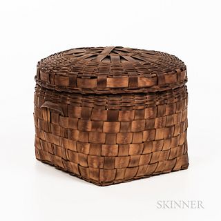 Splint Basket, circular top and square form base with loop handles, ht. 10 1/4, dia. 12 1/2 in. Provenance: Townshend Collection.