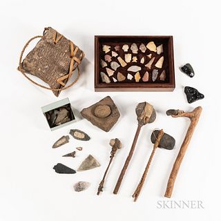Native American Tool Group, including four handcrafted tools, stone mortar and pestle, bark basket, and assorted arrowheads. Provenance