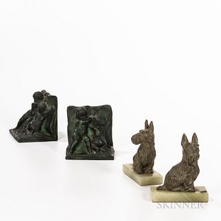 Two Pairs of Patinated Bookends, 20th century, a pair with classical children holding a blanket up, ht. 5; and a pair of Scottie dogs o