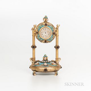 Small French Boudoir Clock, ormolu, turquoise, and cameo decorated, with an etched dial and cherub figures atop each support, overall h