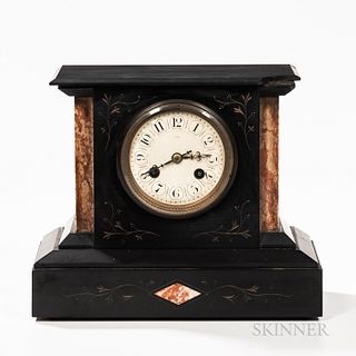 Black Slate and Marble Mantel Clock, inscribed and gilded foliate designs, the works stamped "BK & C" within an oval, ht. 9 1/2, lg. 11