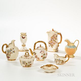 Eight Royal Worcester Porcelain Items, England, late 19th and early 20th century, enameled and gilded including flowers and insects, a
